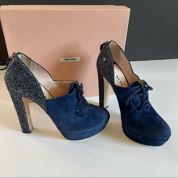 Miu Miu Calzature Donna Oltremare Blue Camoscio Glitter Ankle Bootie Platform - Picture 8 of 8
